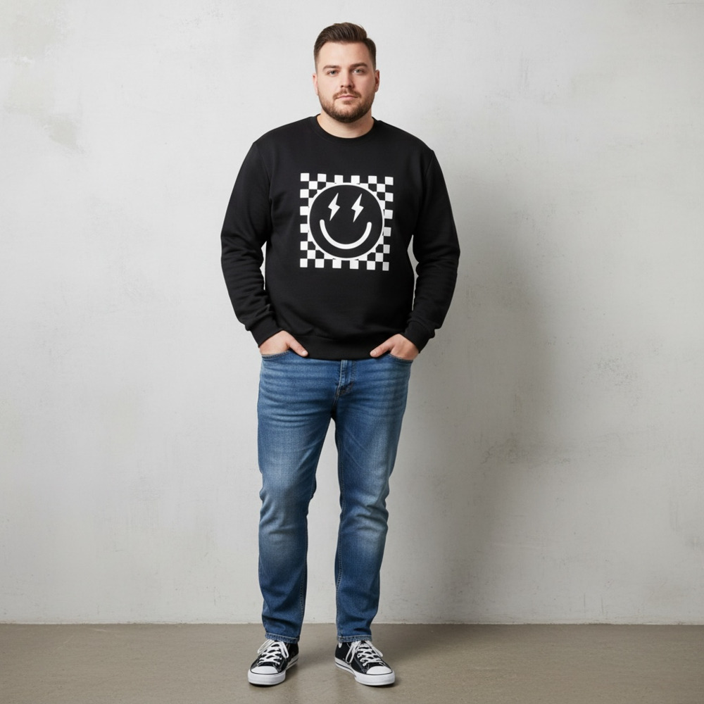 SHEIN Checkered Smiley Face Lightning Bolt Print Crew Neck Sweatshirt